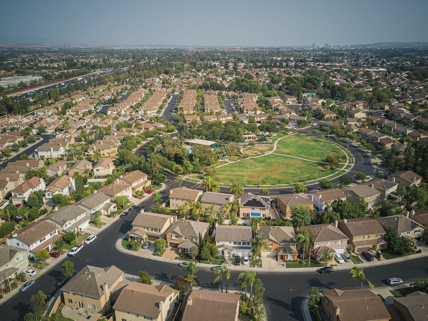 Aerial view of a suburban neighborhood