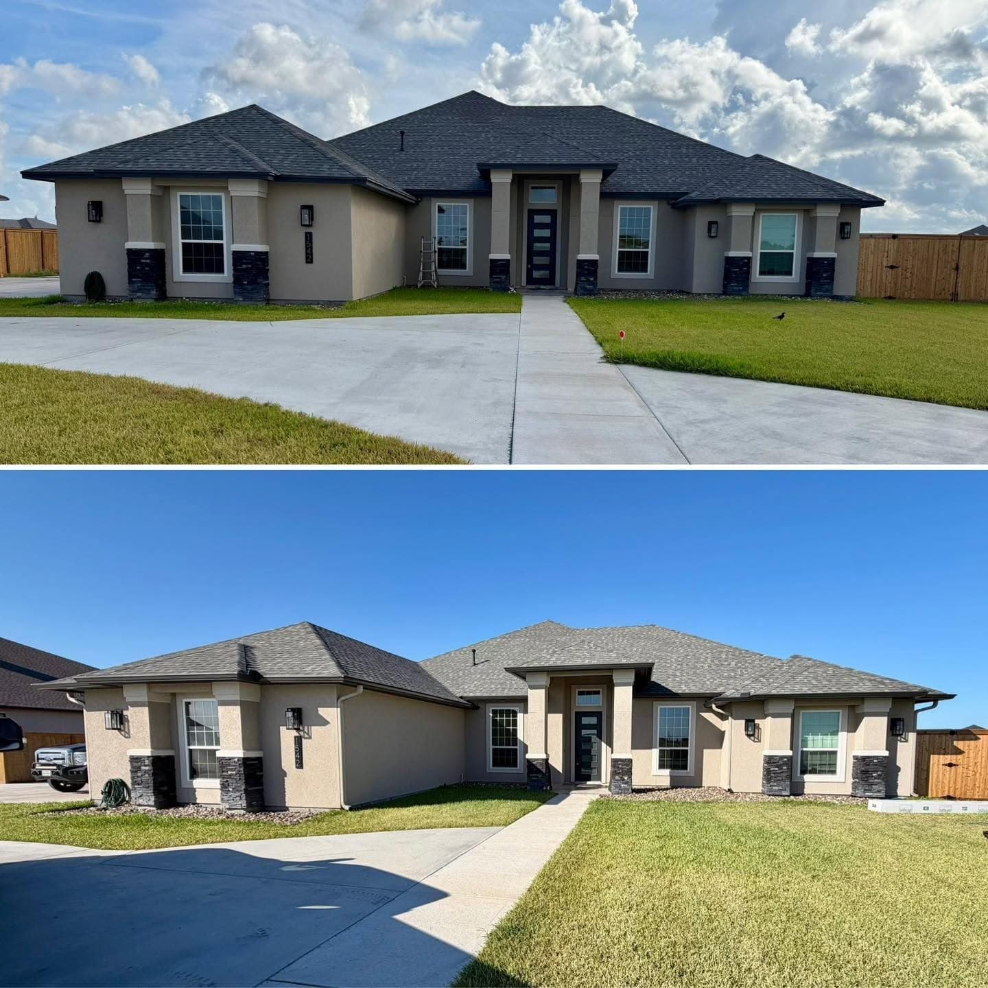 The same stucco home before and after its old gutters were replaced with a seamless system